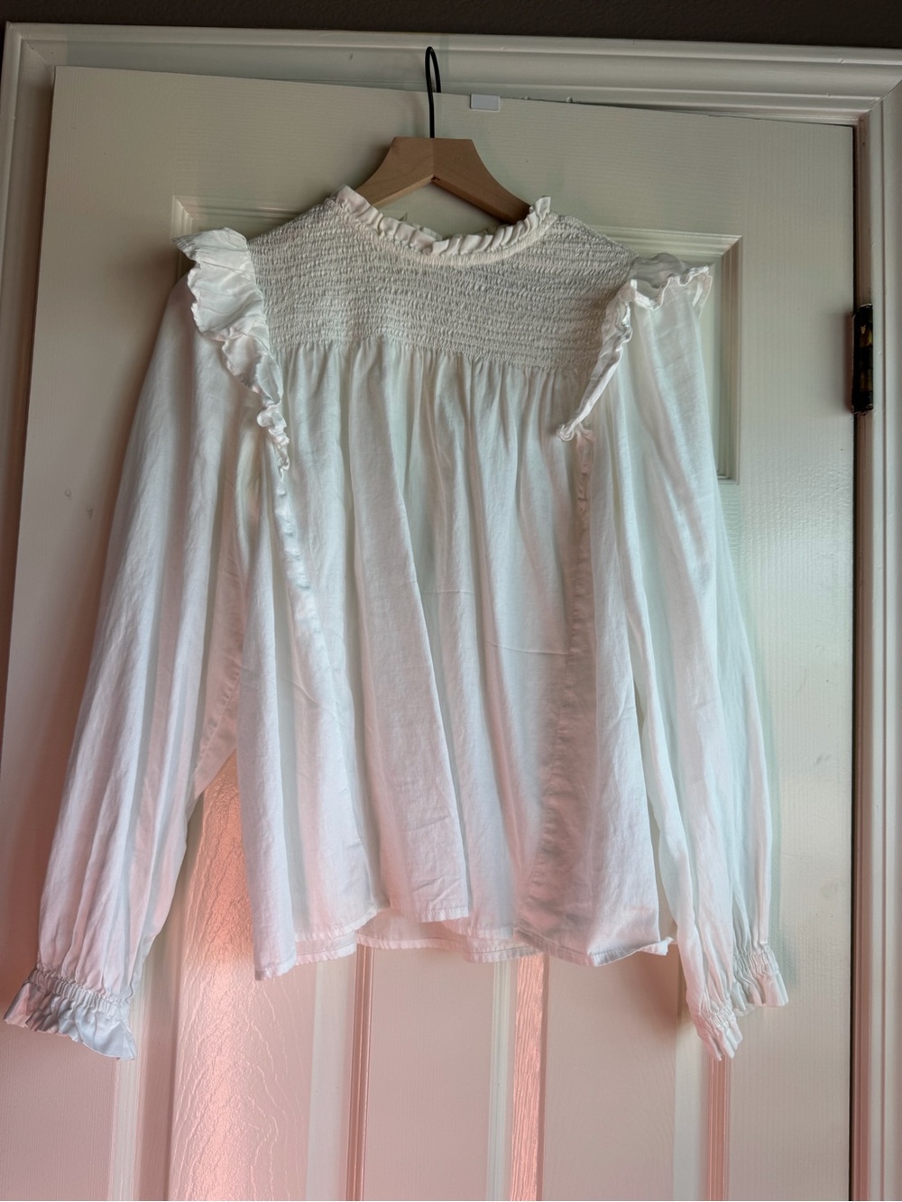 GAP White Smocked Ruffle-Yoke Blouse
